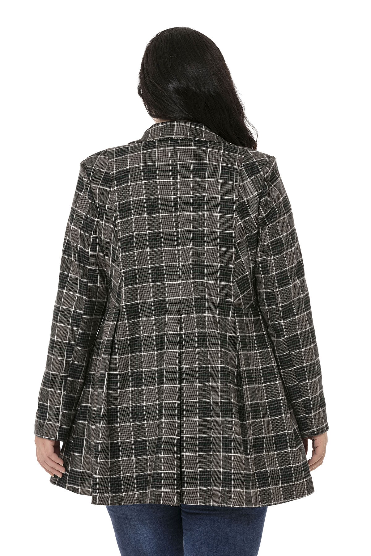 Plus Size Pleat Detailed Lined Black Emerald Plaid Jacket