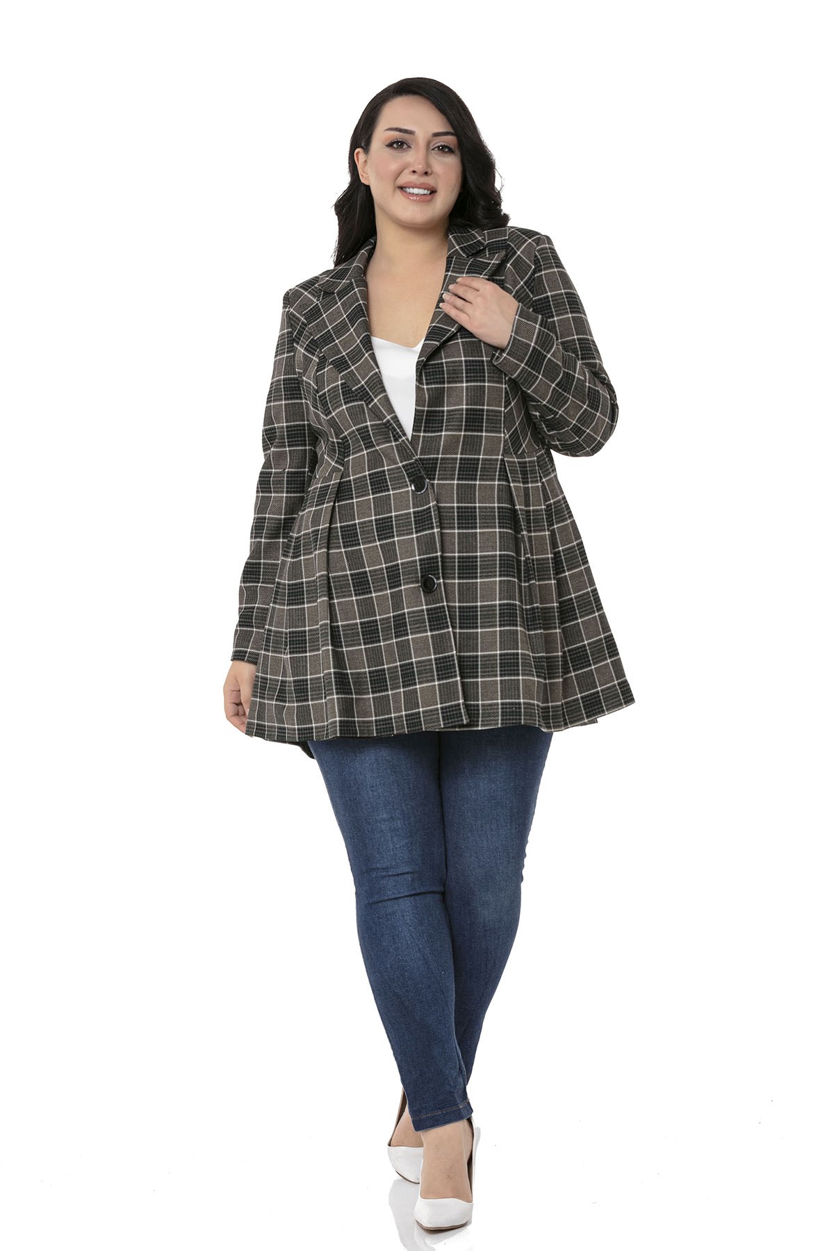 Plus Size Pleat Detailed Lined Black Emerald Plaid Jacket