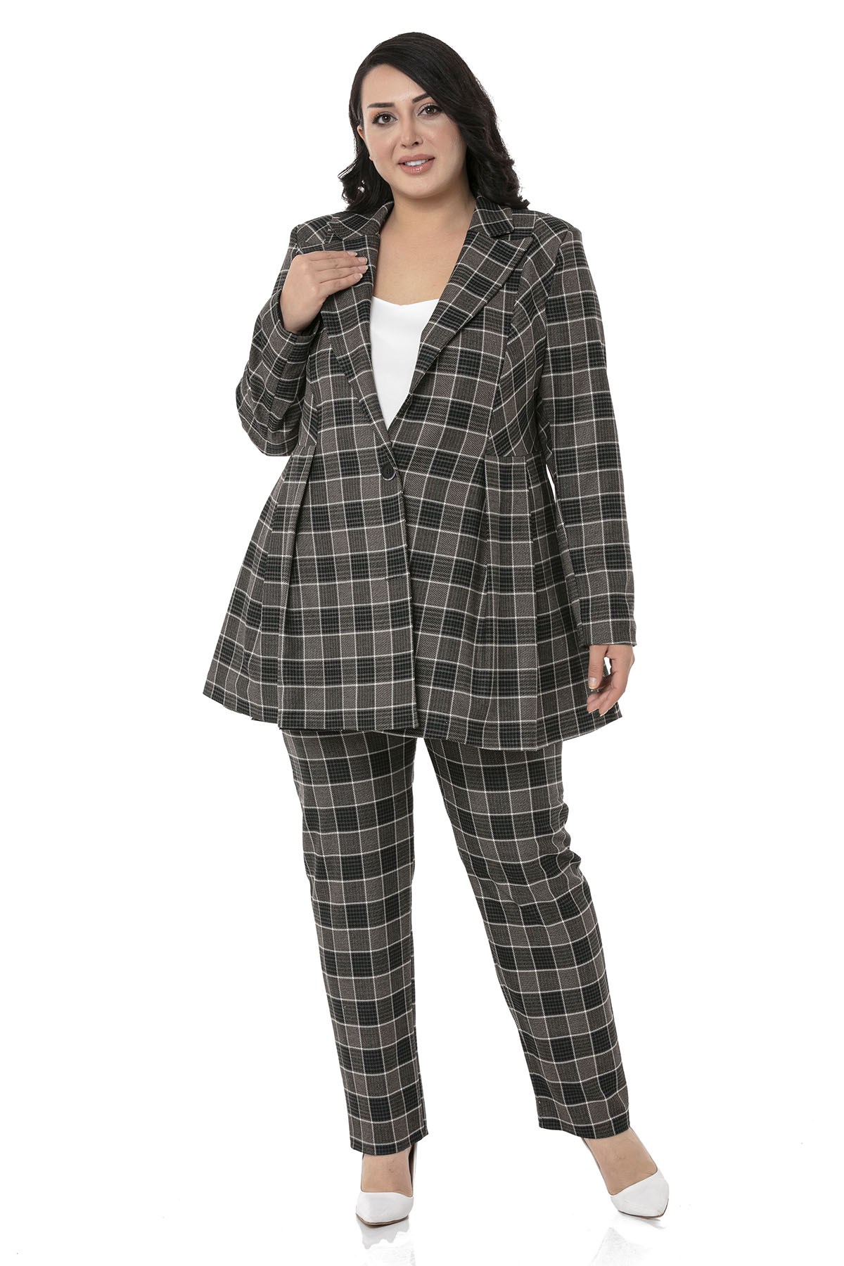 Plus Size Pleat Detailed Lined Black Emerald Plaid Jacket