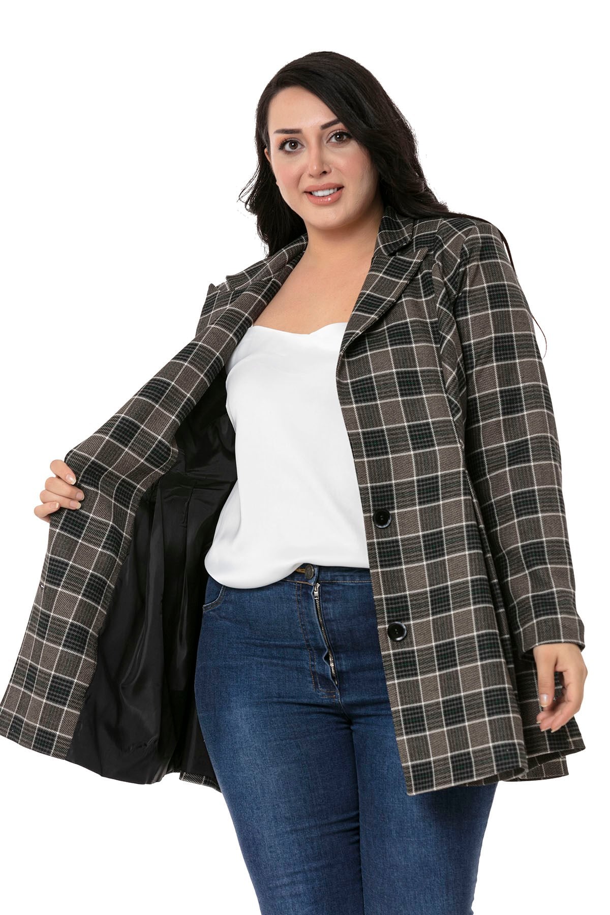 Plus Size Pleat Detailed Lined Black Emerald Plaid Jacket