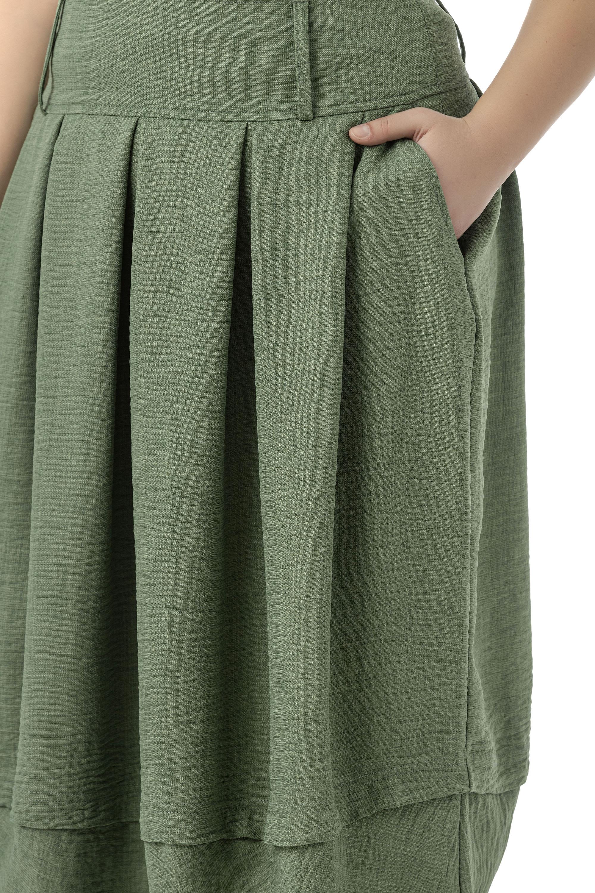 Büyük Beden Pileli Balon Kesim Midi Haki Etek