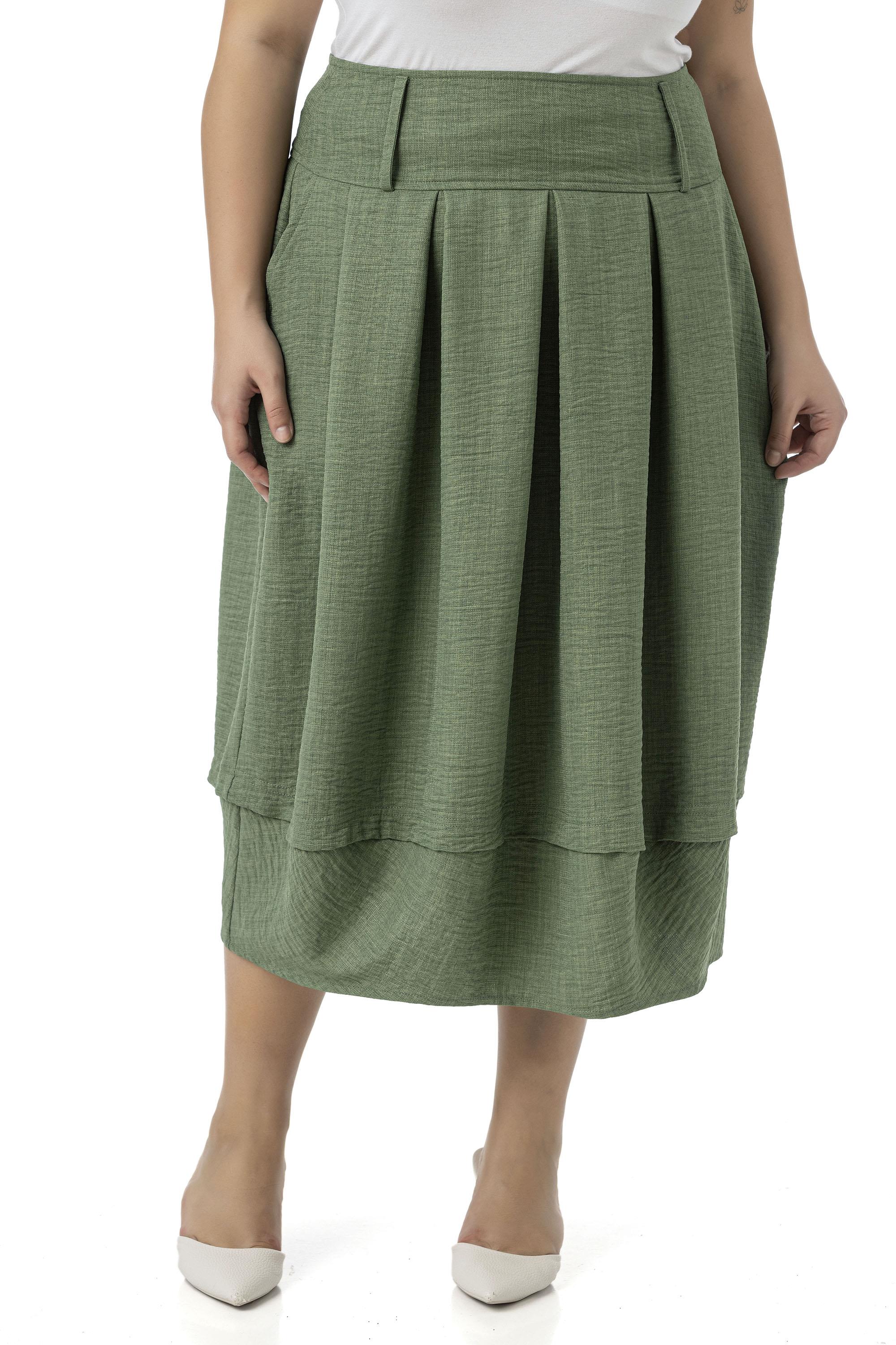 Büyük Beden Pileli Balon Kesim Midi Haki Etek