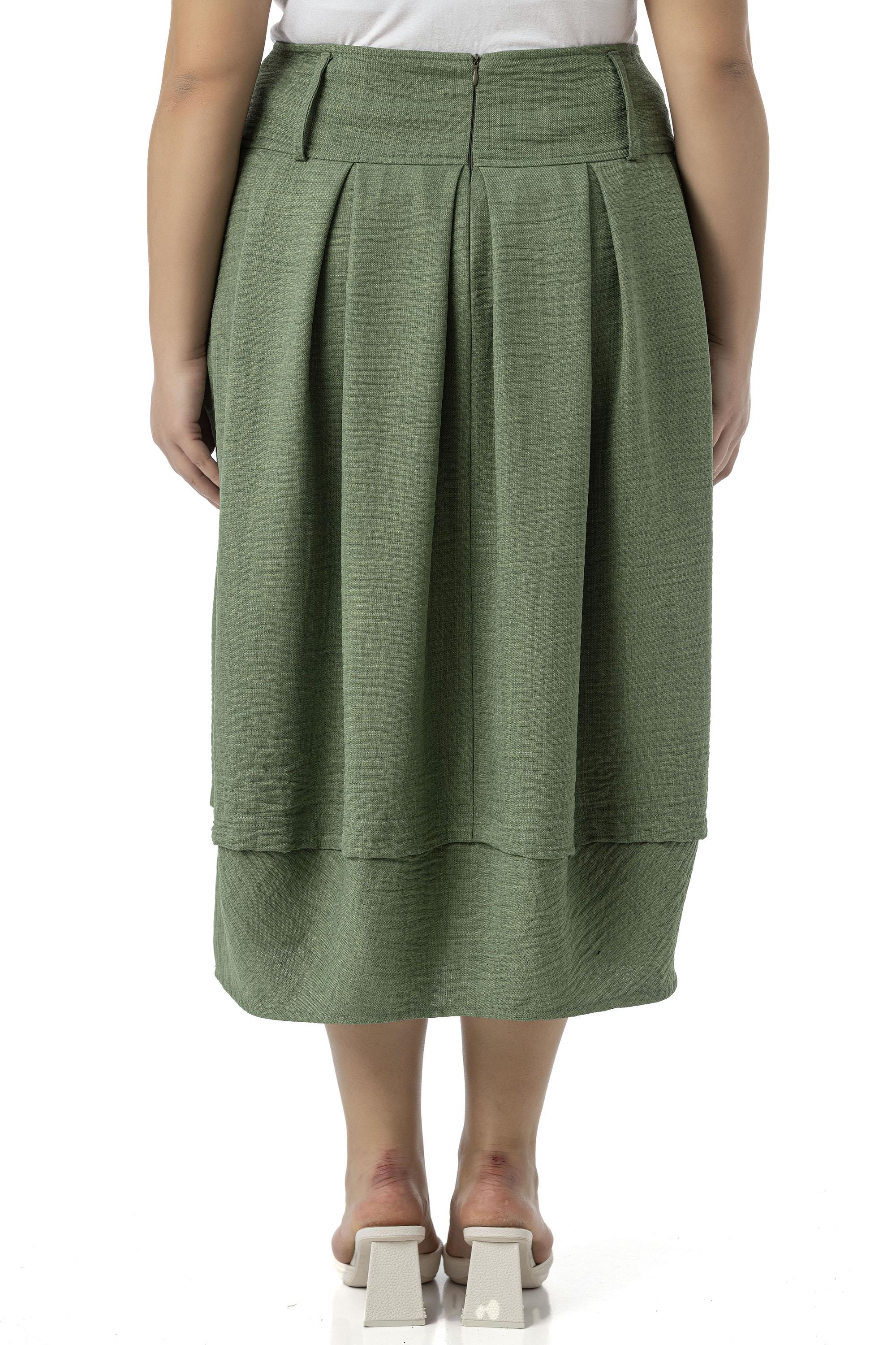 Büyük Beden Pileli Balon Kesim Midi Haki Etek