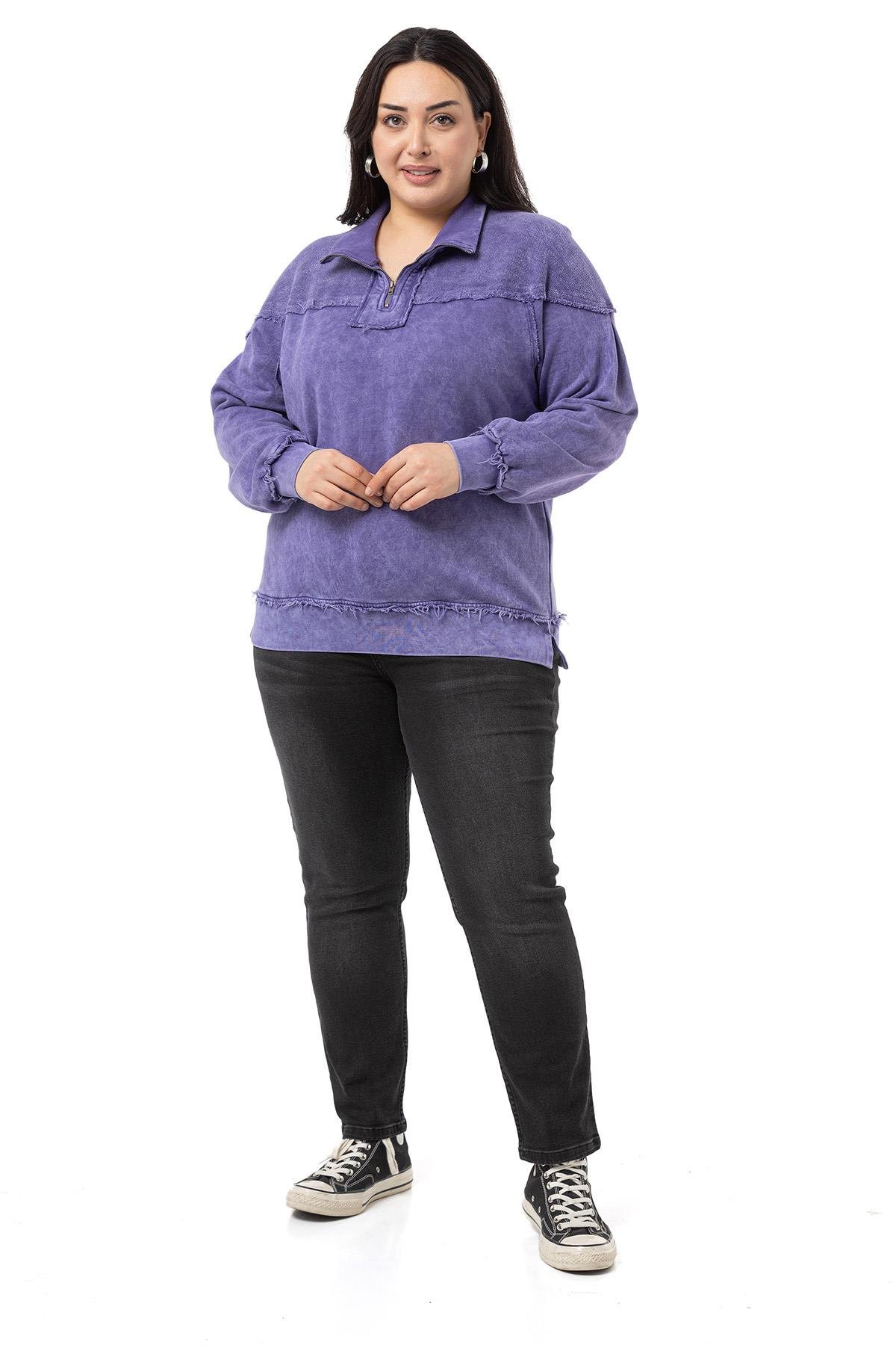 Büyük Beden Pis Dikişli Fermuarlı Yırtmaçlı Parça Boyalı Mor Sweatshirt