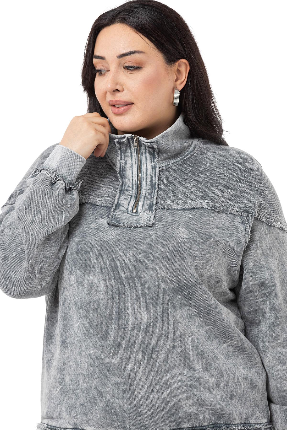 Plus Size Dirty Stitched Zipper Slit Piece Dyed Gray Sweatshirt