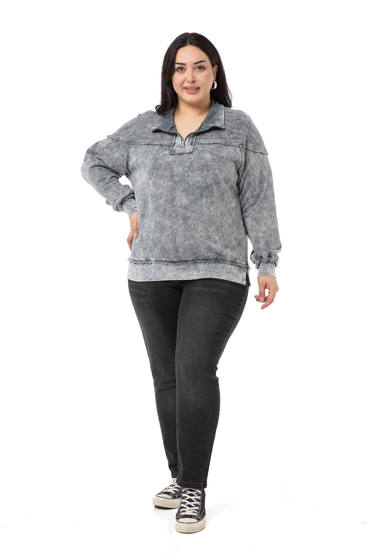 Plus Size Dirty Stitched Zipper Slit Piece Dyed Gray Sweatshirt