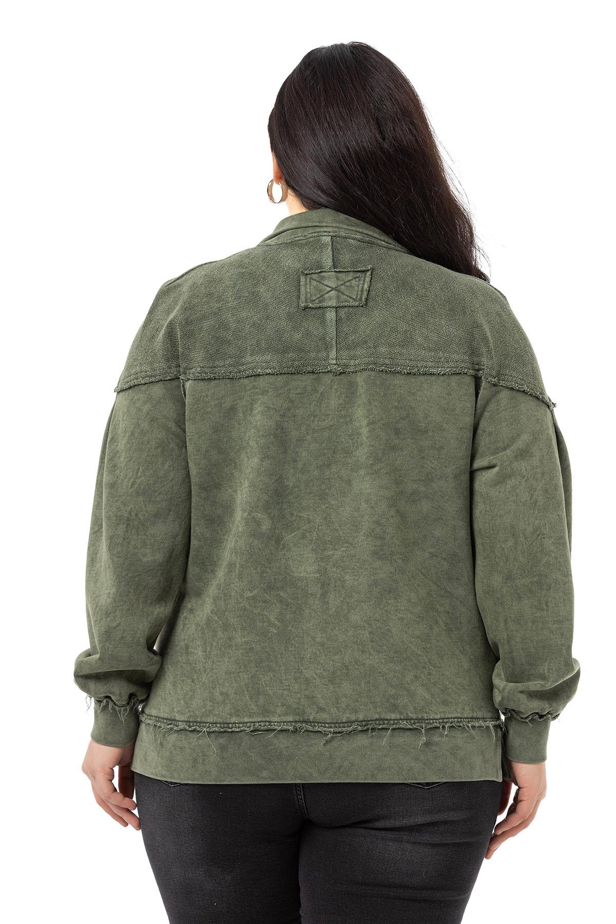 Plus Size Dirty Stitched Zipper Slit Piece Dyed Khaki Sweatshirt