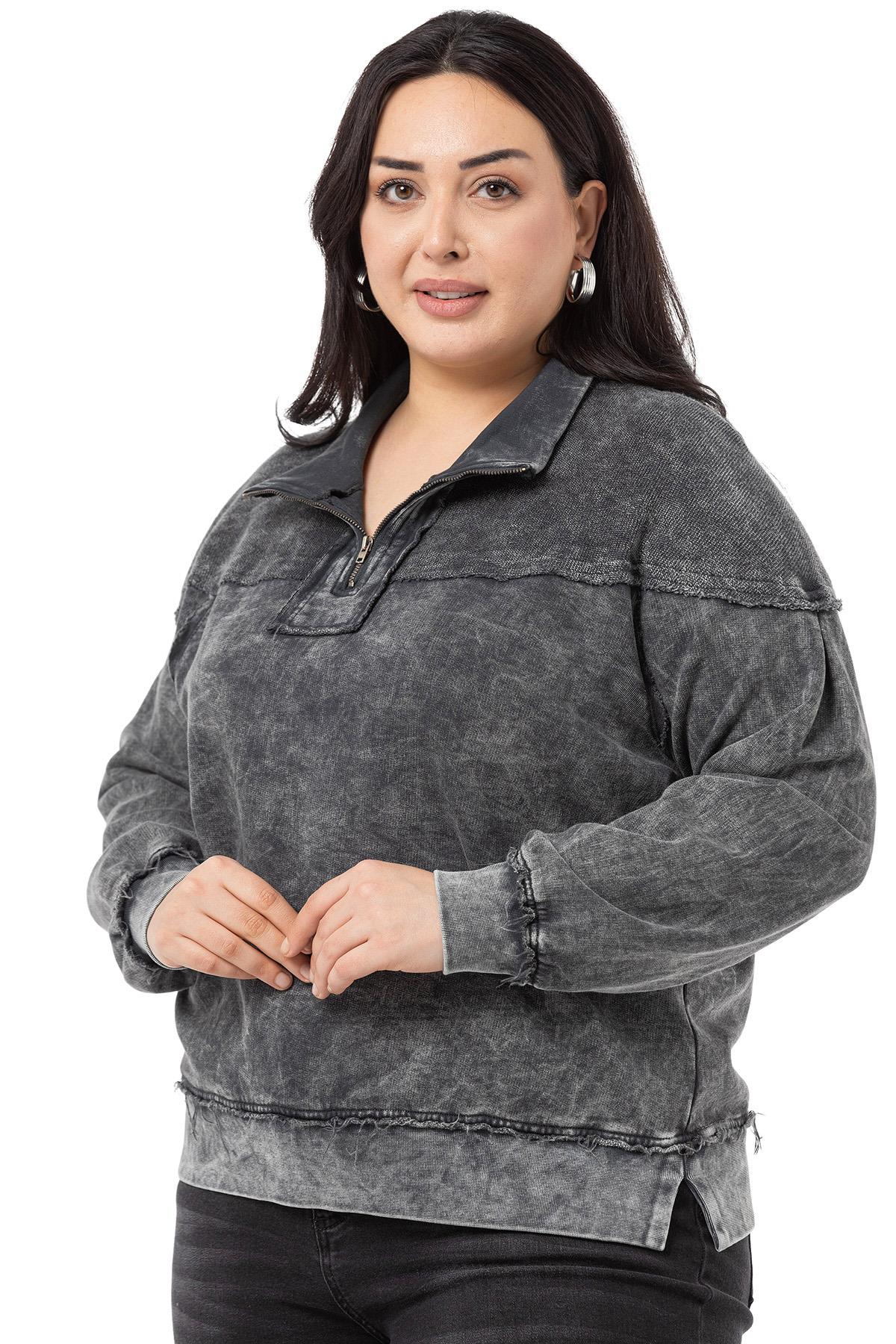 Büyük Beden Pis Dikişli Fermuarlı Yırtmaçlı Parça Boyalı Antrasit Sweatshirt