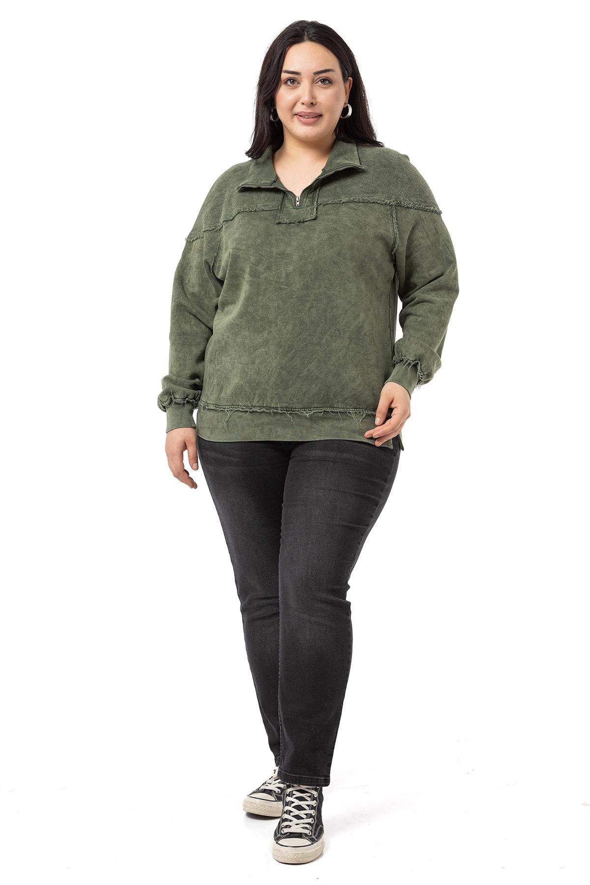Plus Size Dirty Stitched Zipper Slit Piece Dyed Khaki Sweatshirt
