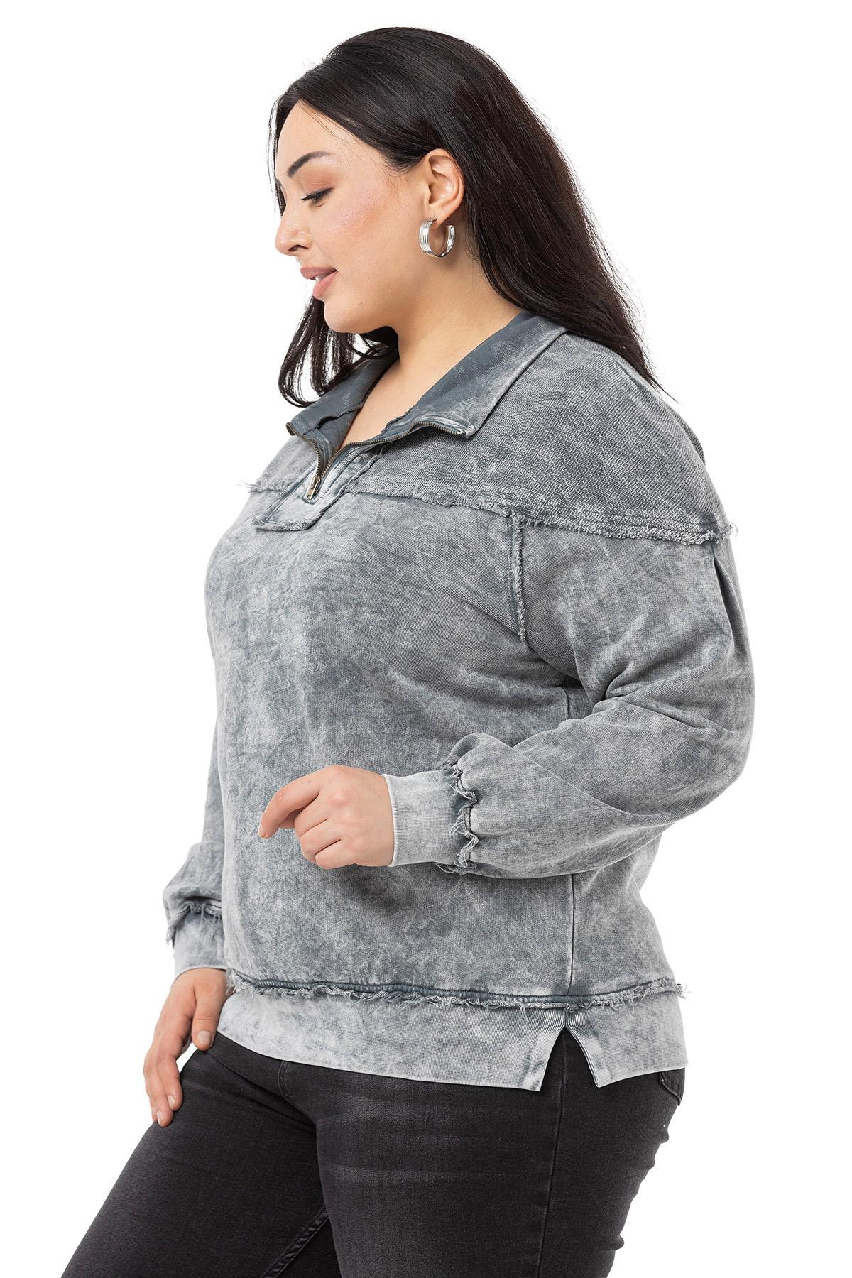 Plus Size Dirty Stitched Zipper Slit Piece Dyed Gray Sweatshirt