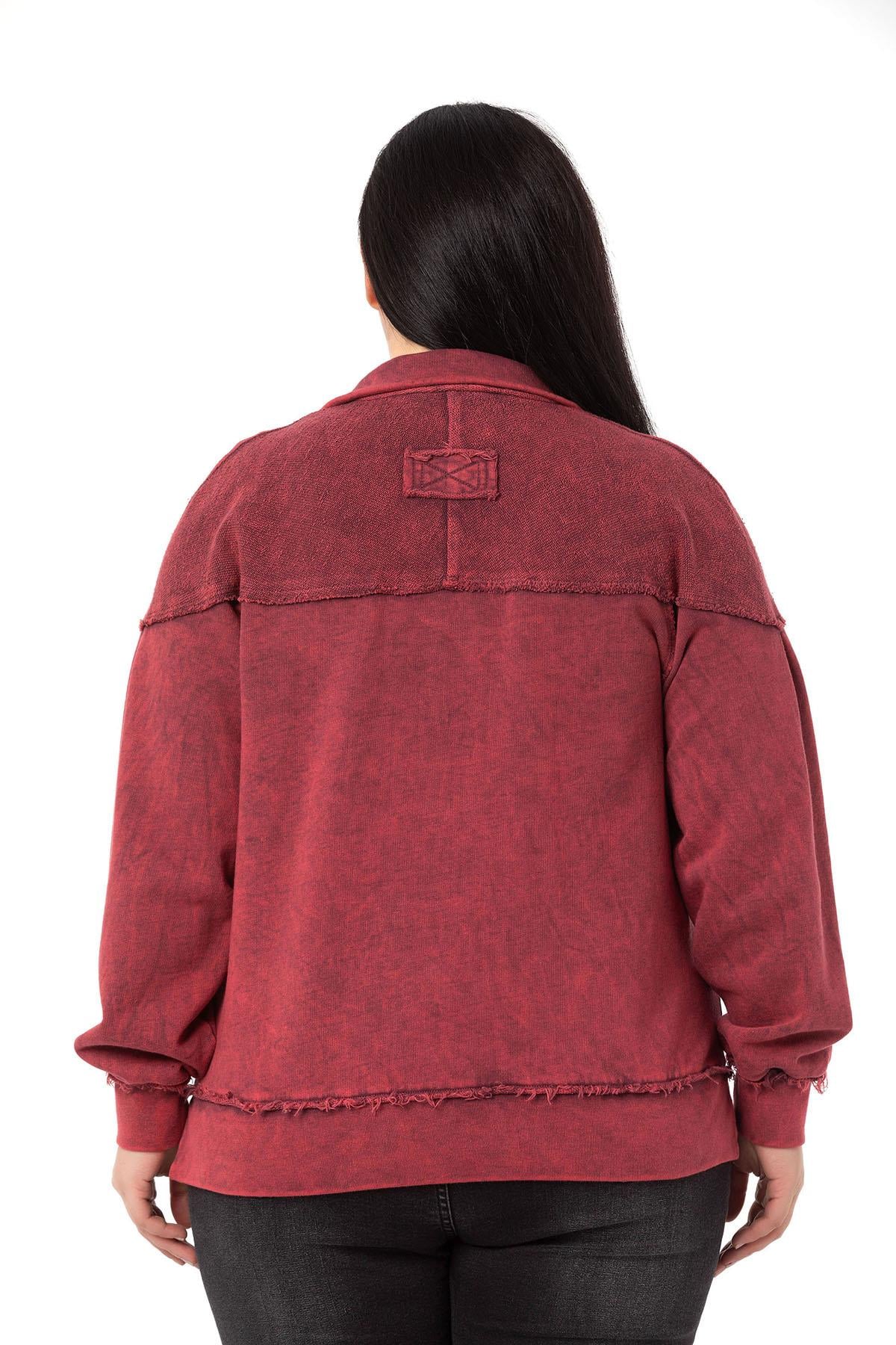Plus Size Dirty Stitched Zipper Slit Piece Dyed Burgundy Sweatshirt
