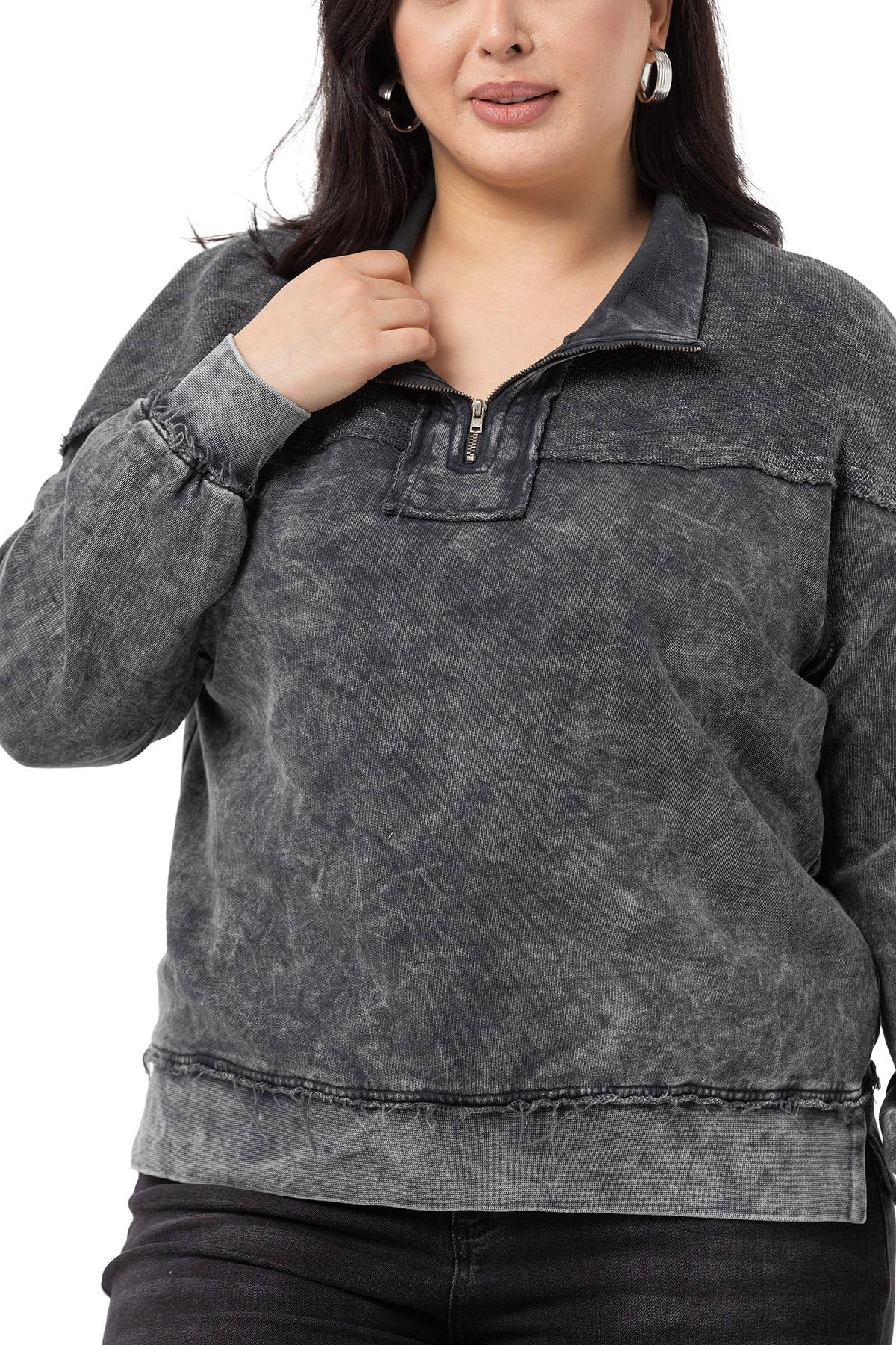Büyük Beden Pis Dikişli Fermuarlı Yırtmaçlı Parça Boyalı Antrasit Sweatshirt