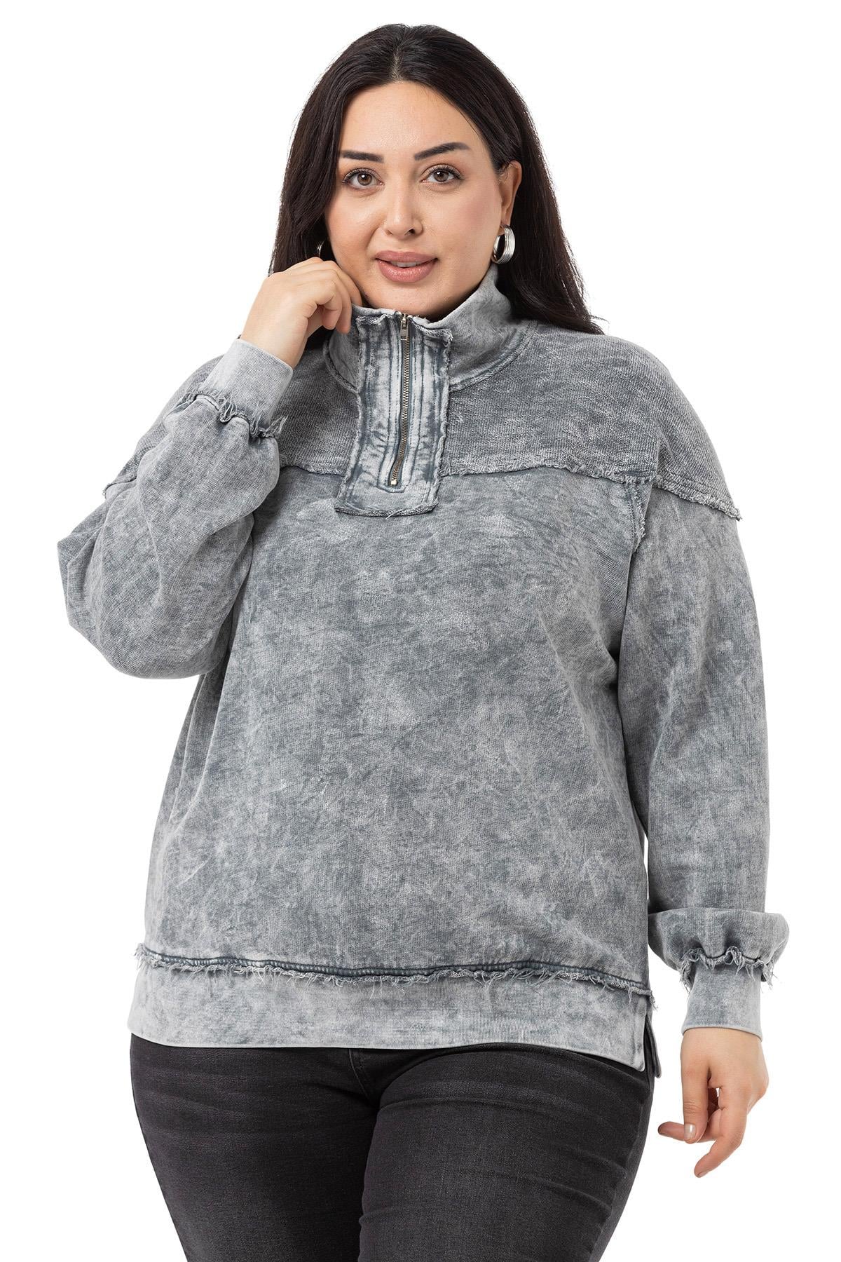 Plus Size Dirty Stitched Zipper Slit Piece Dyed Gray Sweatshirt