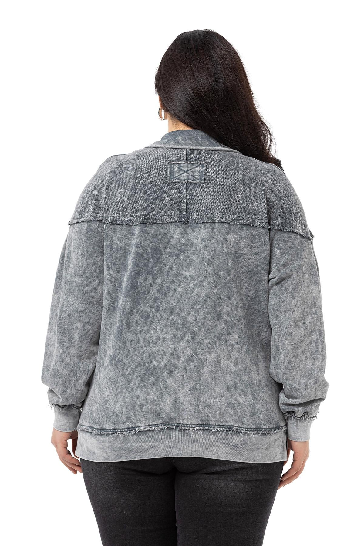 Plus Size Dirty Stitched Zipper Slit Piece Dyed Gray Sweatshirt