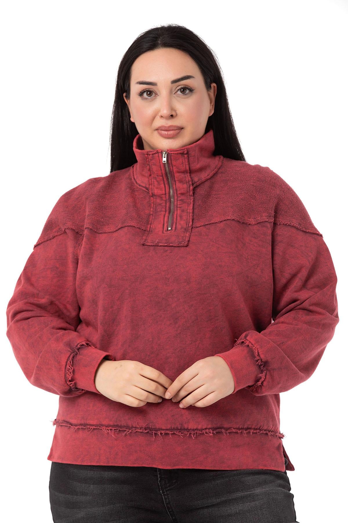 Plus Size Dirty Stitched Zipper Slit Piece Dyed Burgundy Sweatshirt