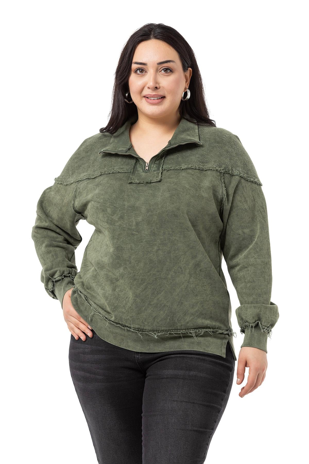 Plus Size Dirty Stitched Zipper Slit Piece Dyed Khaki Sweatshirt