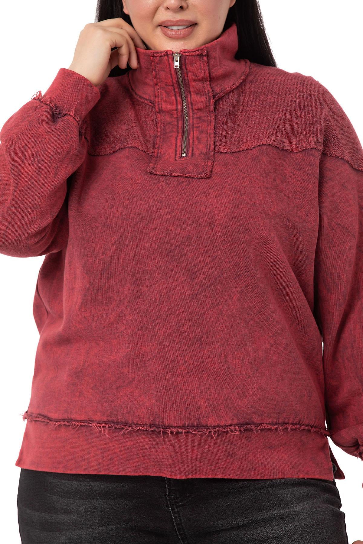 Plus Size Dirty Stitched Zipper Slit Piece Dyed Burgundy Sweatshirt