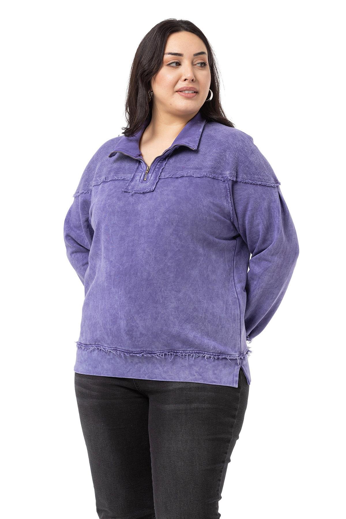 Büyük Beden Pis Dikişli Fermuarlı Yırtmaçlı Parça Boyalı Mor Sweatshirt