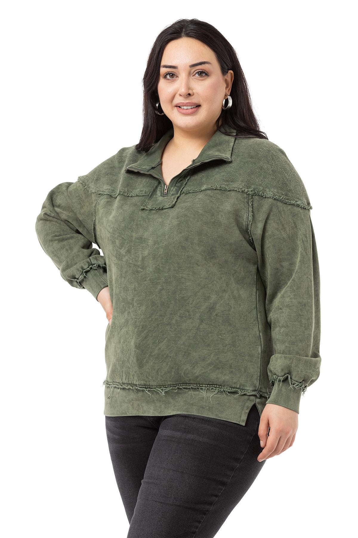 Plus Size Dirty Stitched Zipper Slit Piece Dyed Khaki Sweatshirt