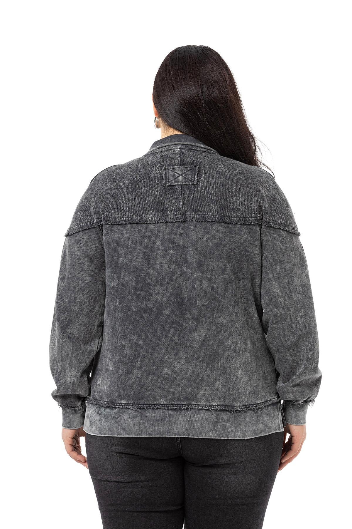 Büyük Beden Pis Dikişli Fermuarlı Yırtmaçlı Parça Boyalı Antrasit Sweatshirt