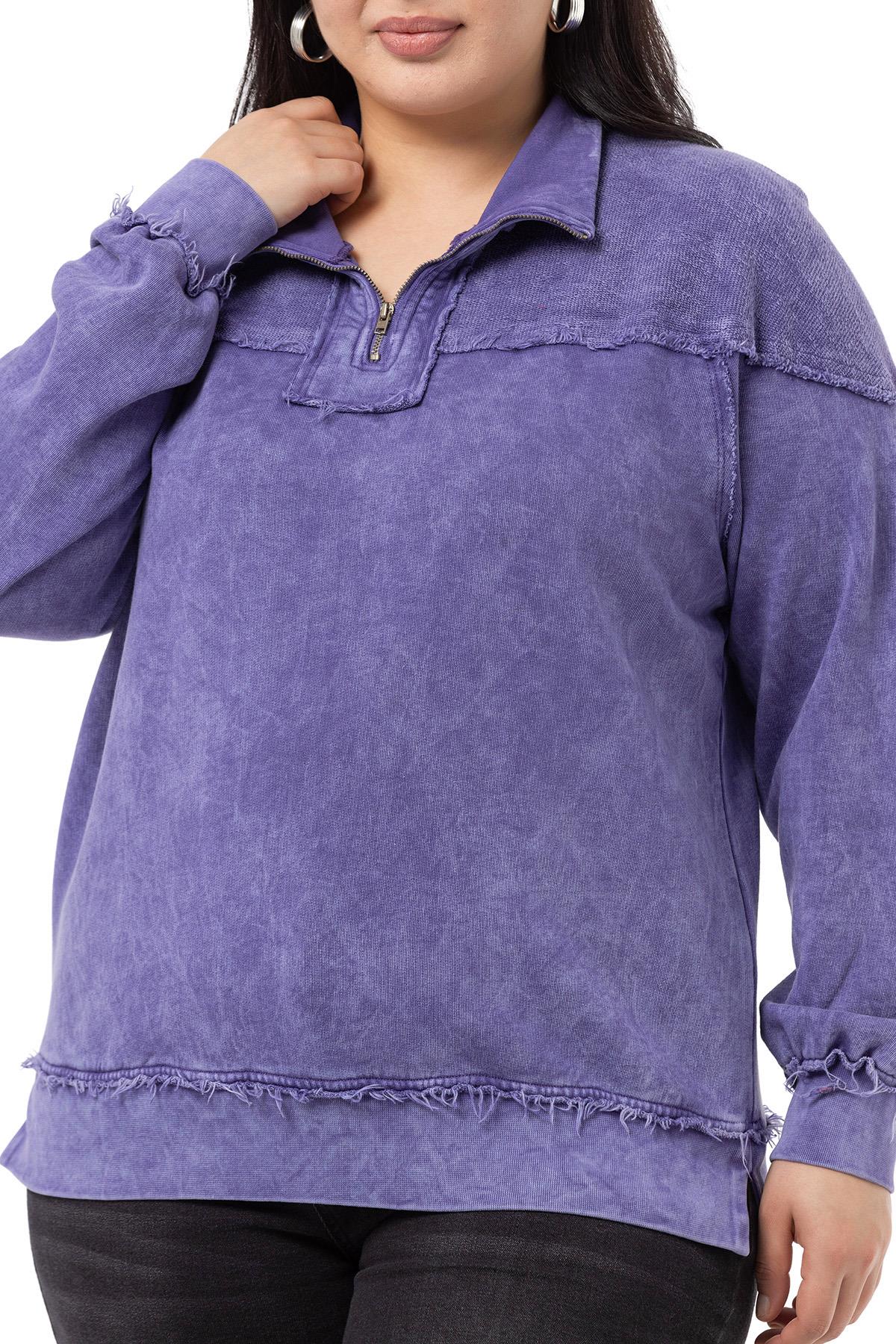 Büyük Beden Pis Dikişli Fermuarlı Yırtmaçlı Parça Boyalı Mor Sweatshirt