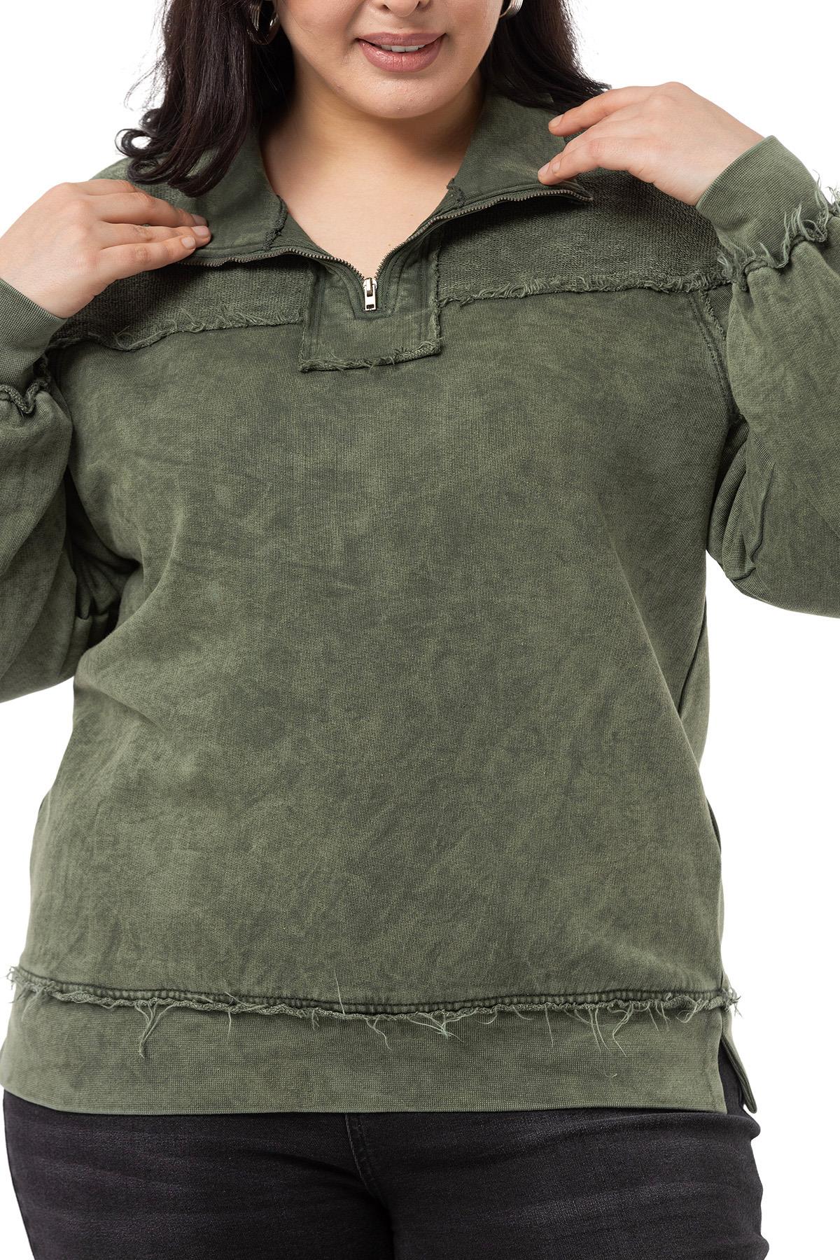 Plus Size Dirty Stitched Zipper Slit Piece Dyed Khaki Sweatshirt