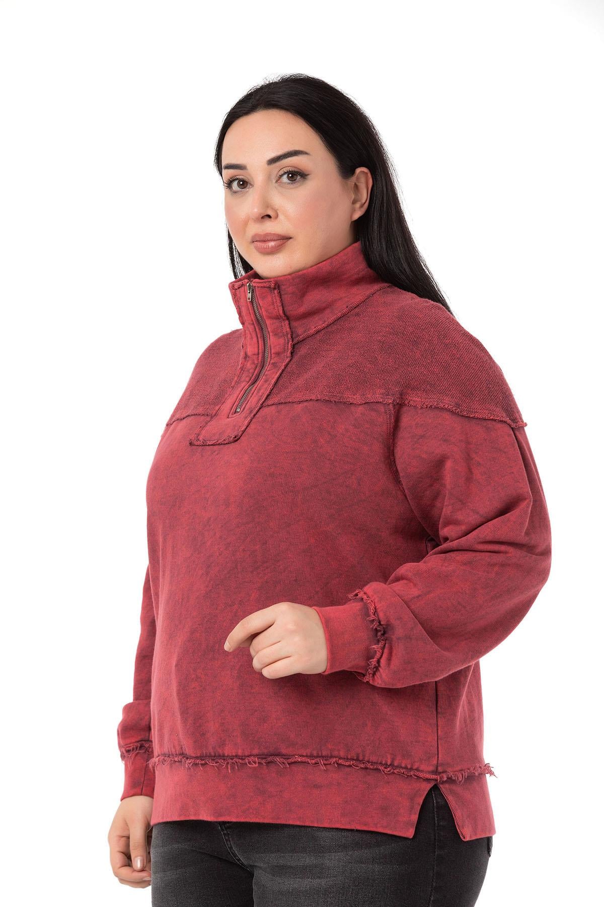 Plus Size Dirty Stitched Zipper Slit Piece Dyed Burgundy Sweatshirt