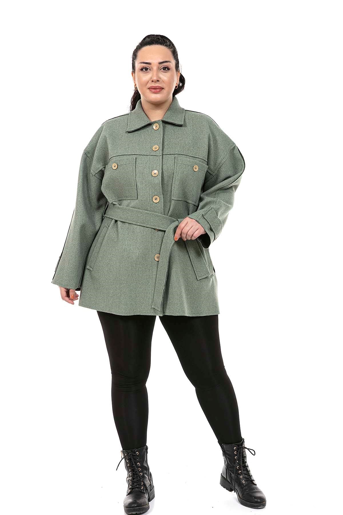 Büyük Beden Robalı Yanları Yırtmaçlı Fleto Cepli Kuşaklı Kaşe Yeşil Ceket