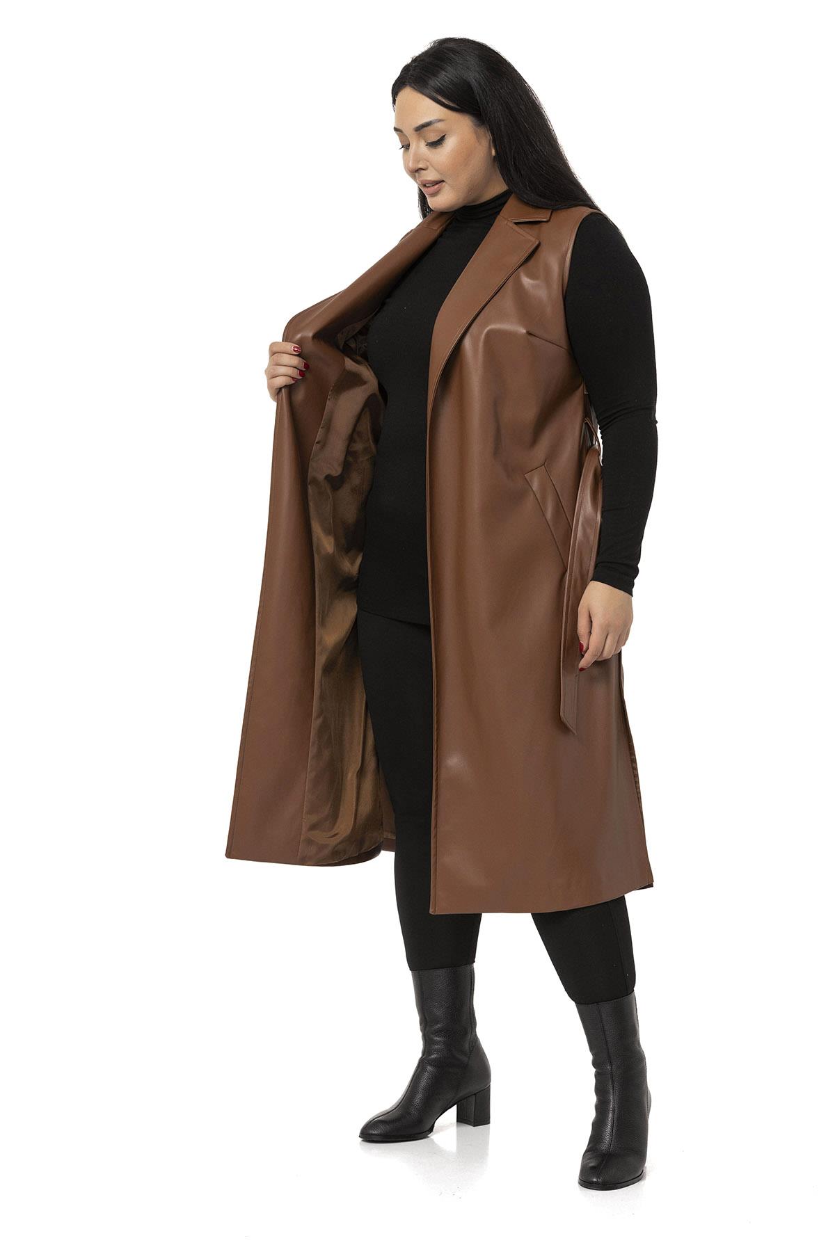 Plus Size Windbreaker Lined Leather Brown Vest