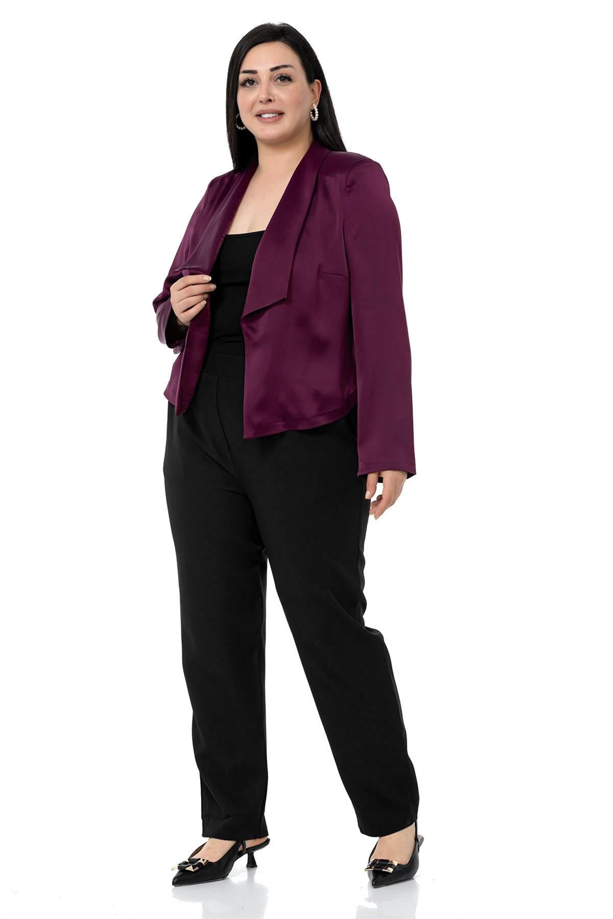 Plus Size Shawl Collar Unlined Short Satin Plum Jacket