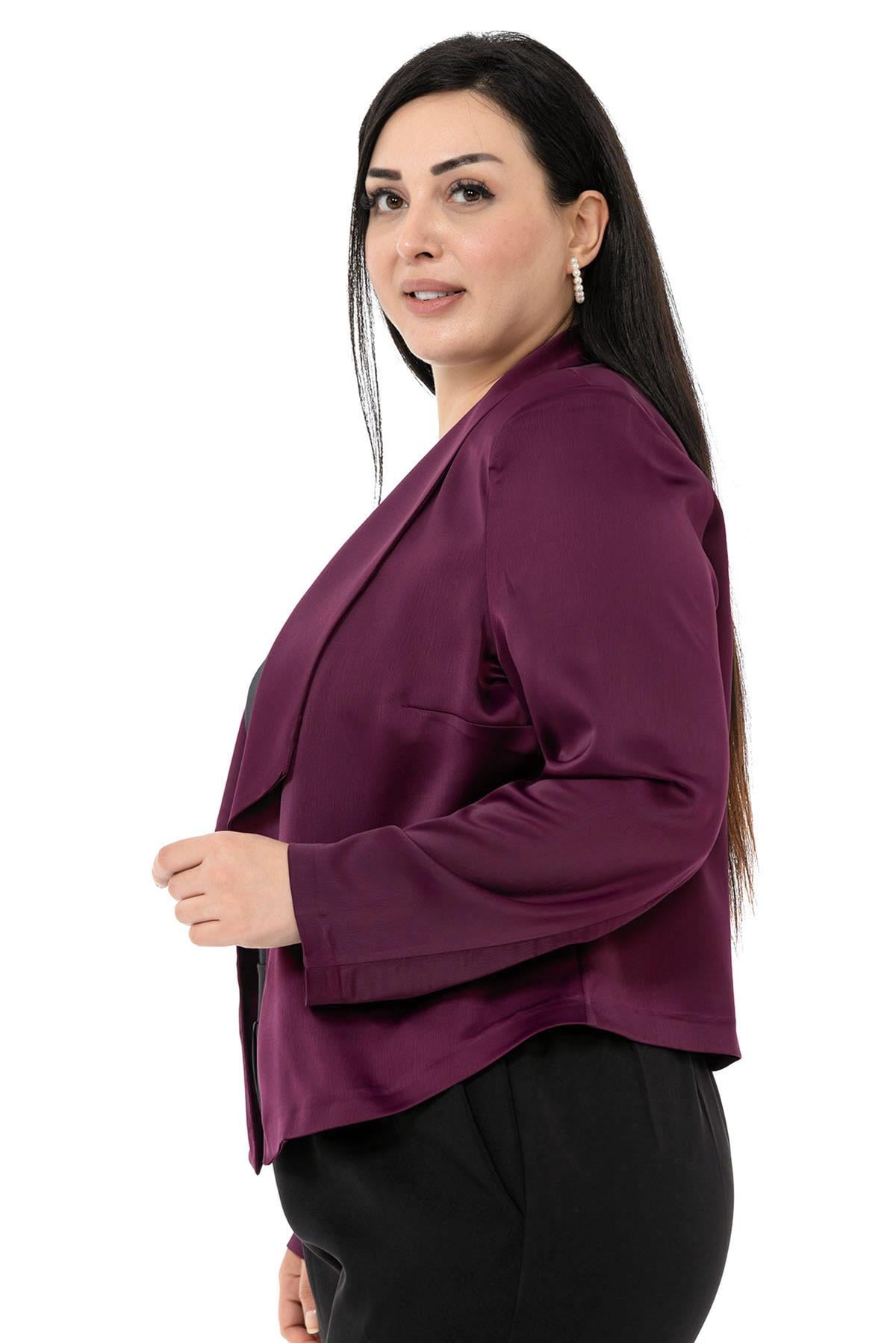Plus Size Shawl Collar Unlined Short Satin Plum Jacket