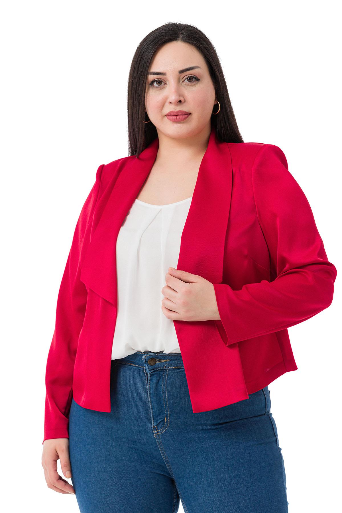 Büyük Beden Şal Yaka Astarsız Kısa Saten Kırmızı Ceket