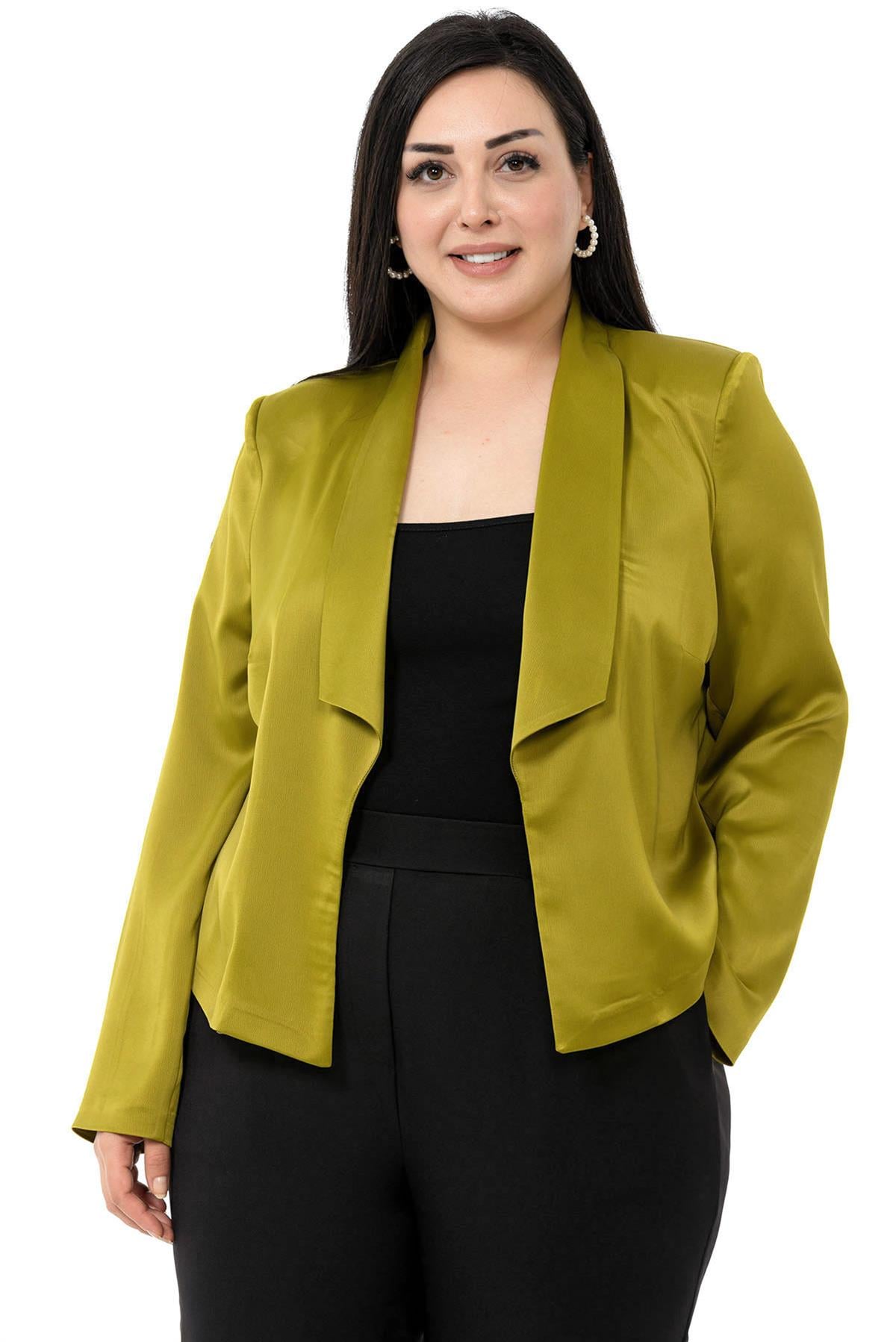 Büyük Beden Şal Yaka Astarsız Kısa Saten Fıstık Yeşili Ceket