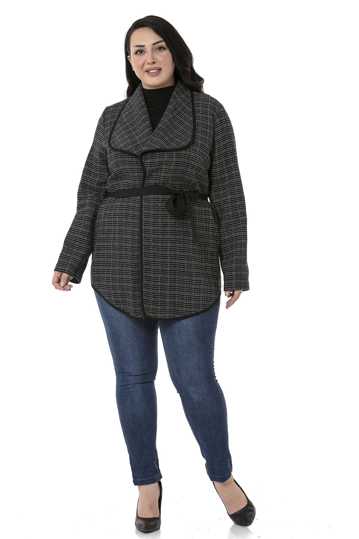 Plus Size Shawl Collar Piping Detailed Belted Unlined Black Jacket