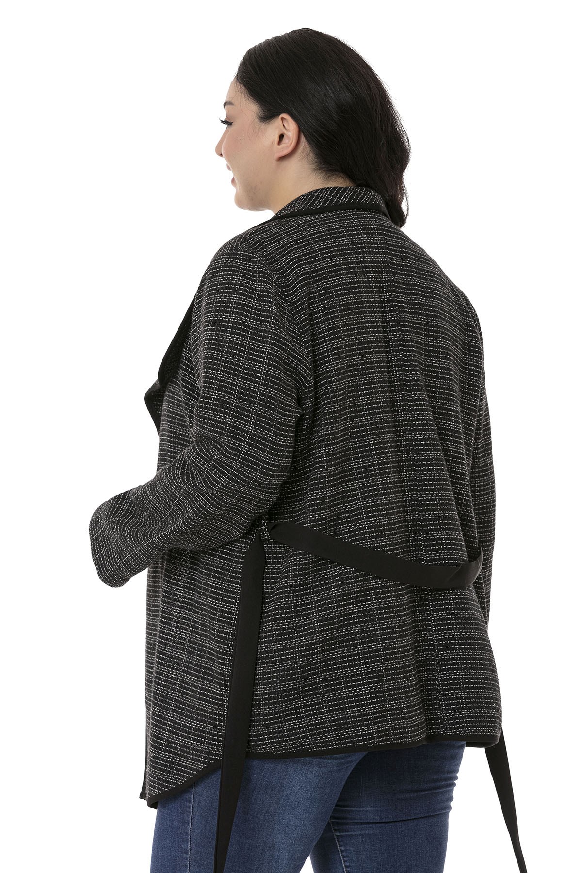 Plus Size Shawl Collar Piping Detailed Belted Unlined Black Jacket