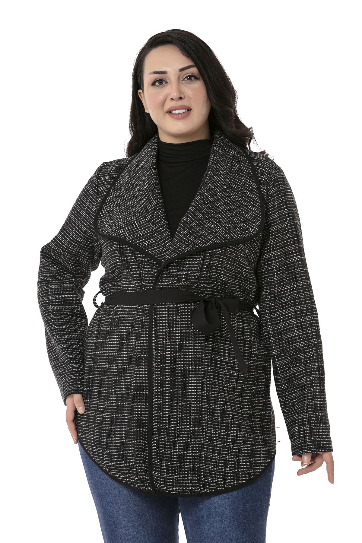 Plus Size Shawl Collar Piping Detailed Belted Unlined Black Jacket