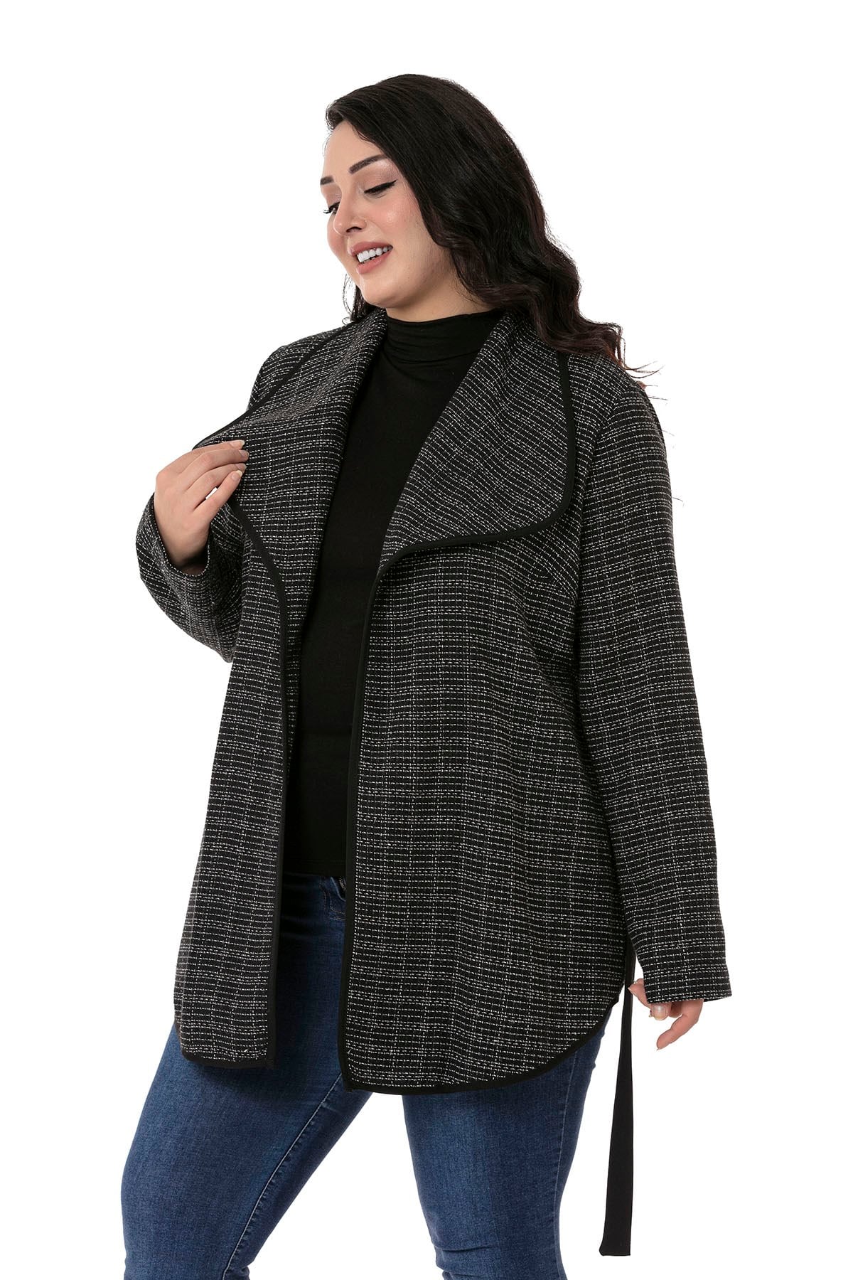 Plus Size Shawl Collar Piping Detailed Belted Unlined Black Jacket