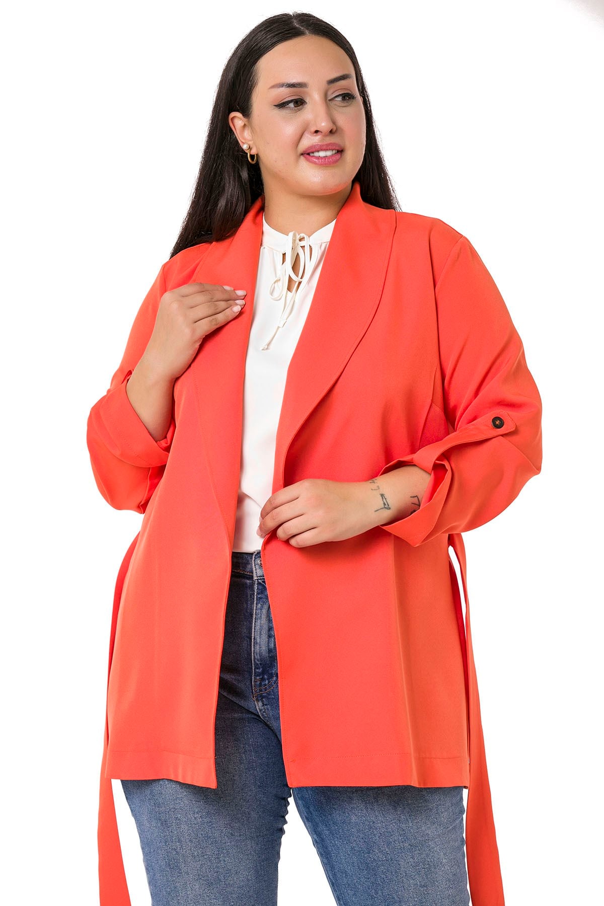 Plus Size Shawl Collar Self Belted Folded Sleeve Orange Jacket