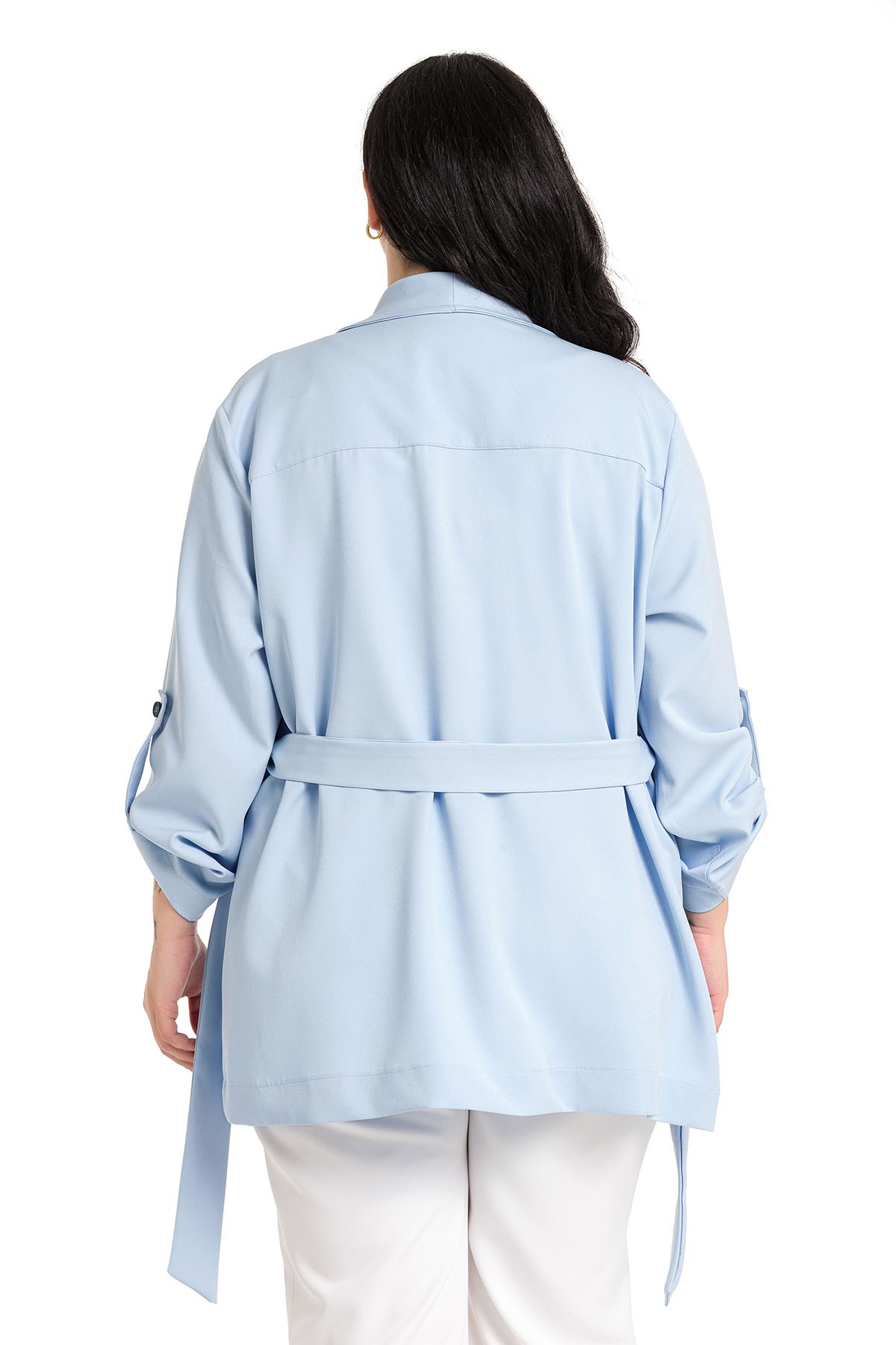 Plus Size Shawl Collar Self Belted Folded Sleeve Baby Blue Jacket
