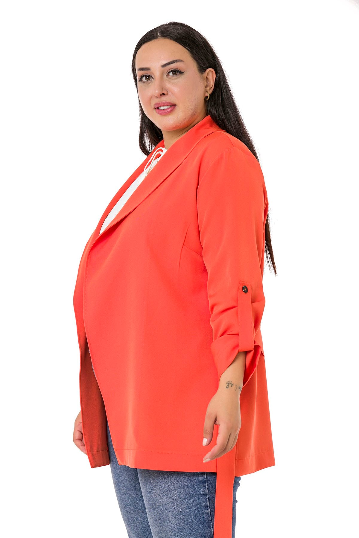 Plus Size Shawl Collar Self Belted Folded Sleeve Orange Jacket
