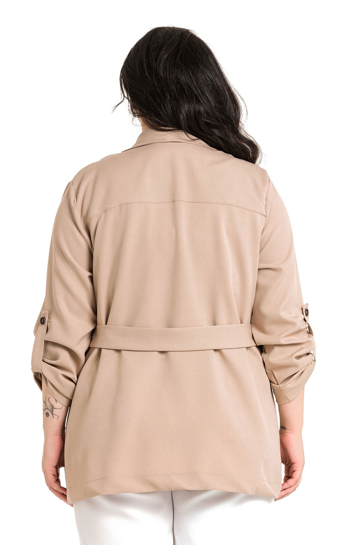 Plus Size Shawl Collar Self Belted Folded Sleeve Mink Jacket