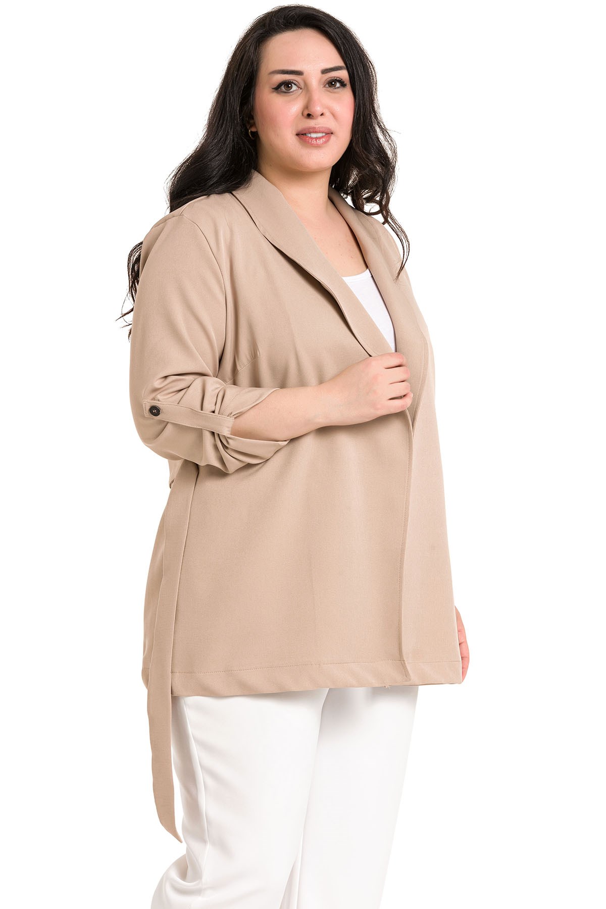 Plus Size Shawl Collar Self Belted Folded Sleeve Mink Jacket