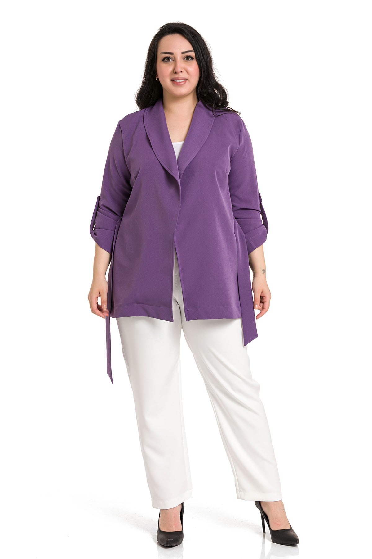 Plus Size Shawl Collar Self Belted Folded Sleeve Purple Jacket