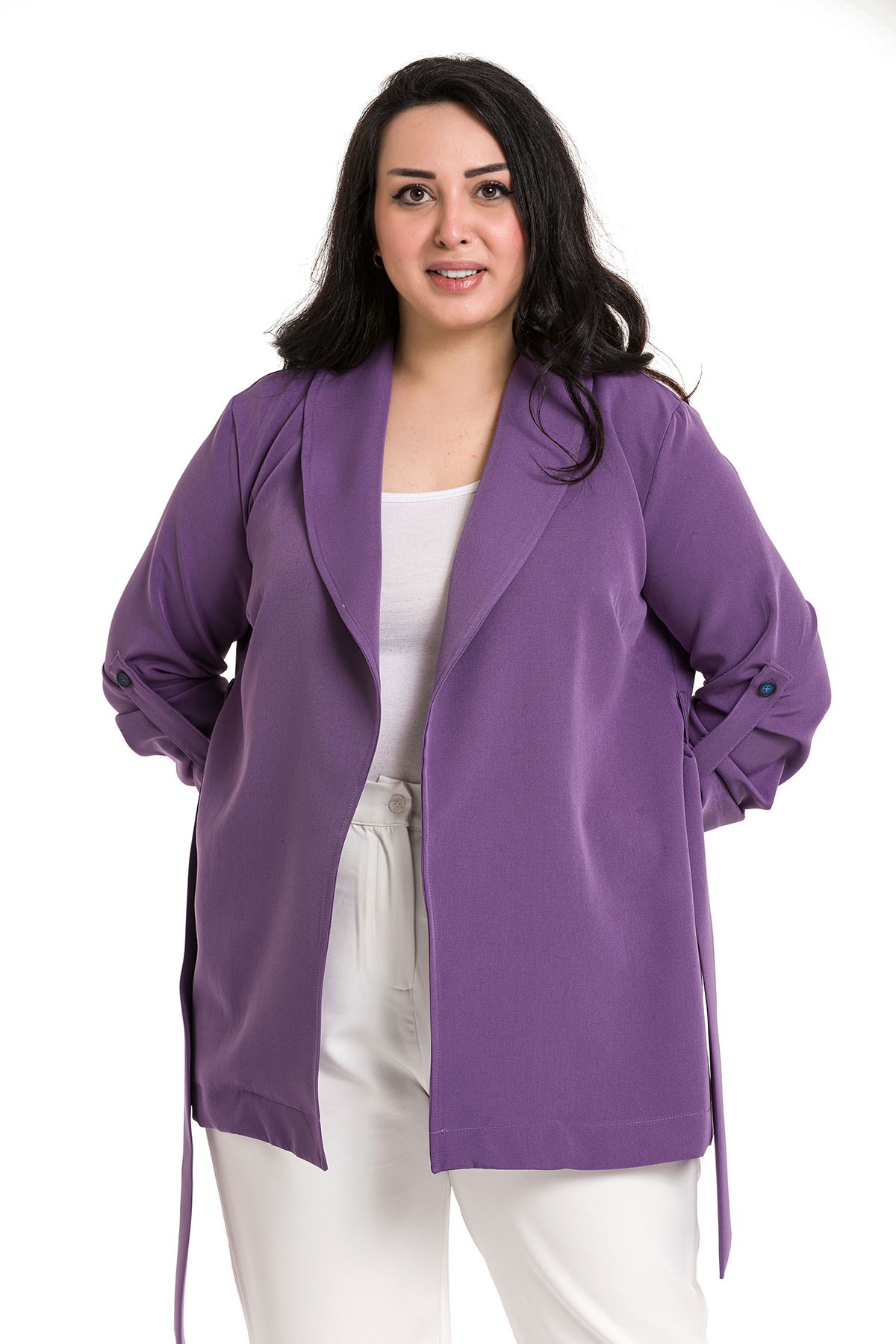 Plus Size Shawl Collar Self Belted Folded Sleeve Purple Jacket