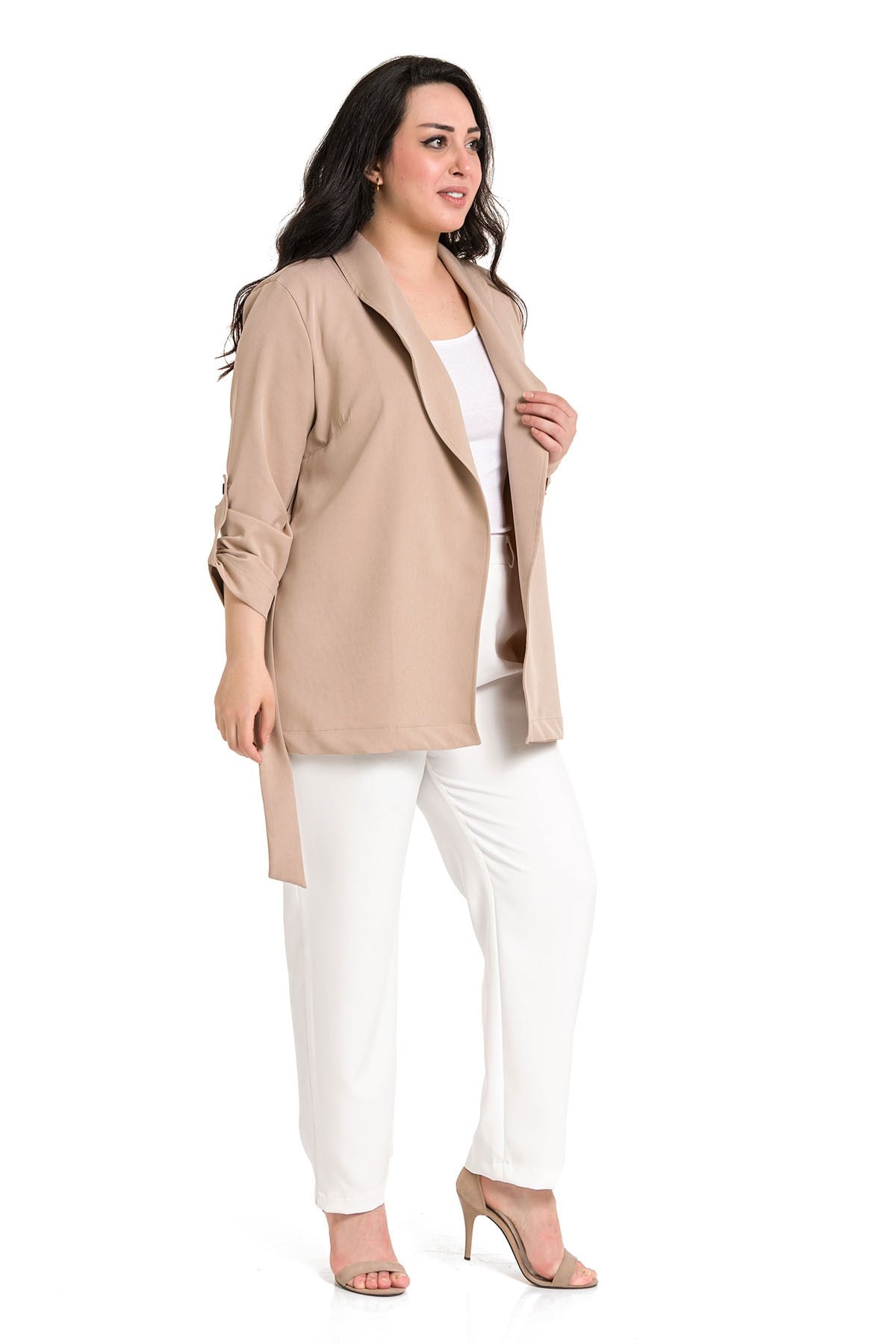 Plus Size Shawl Collar Self Belted Folded Sleeve Mink Jacket