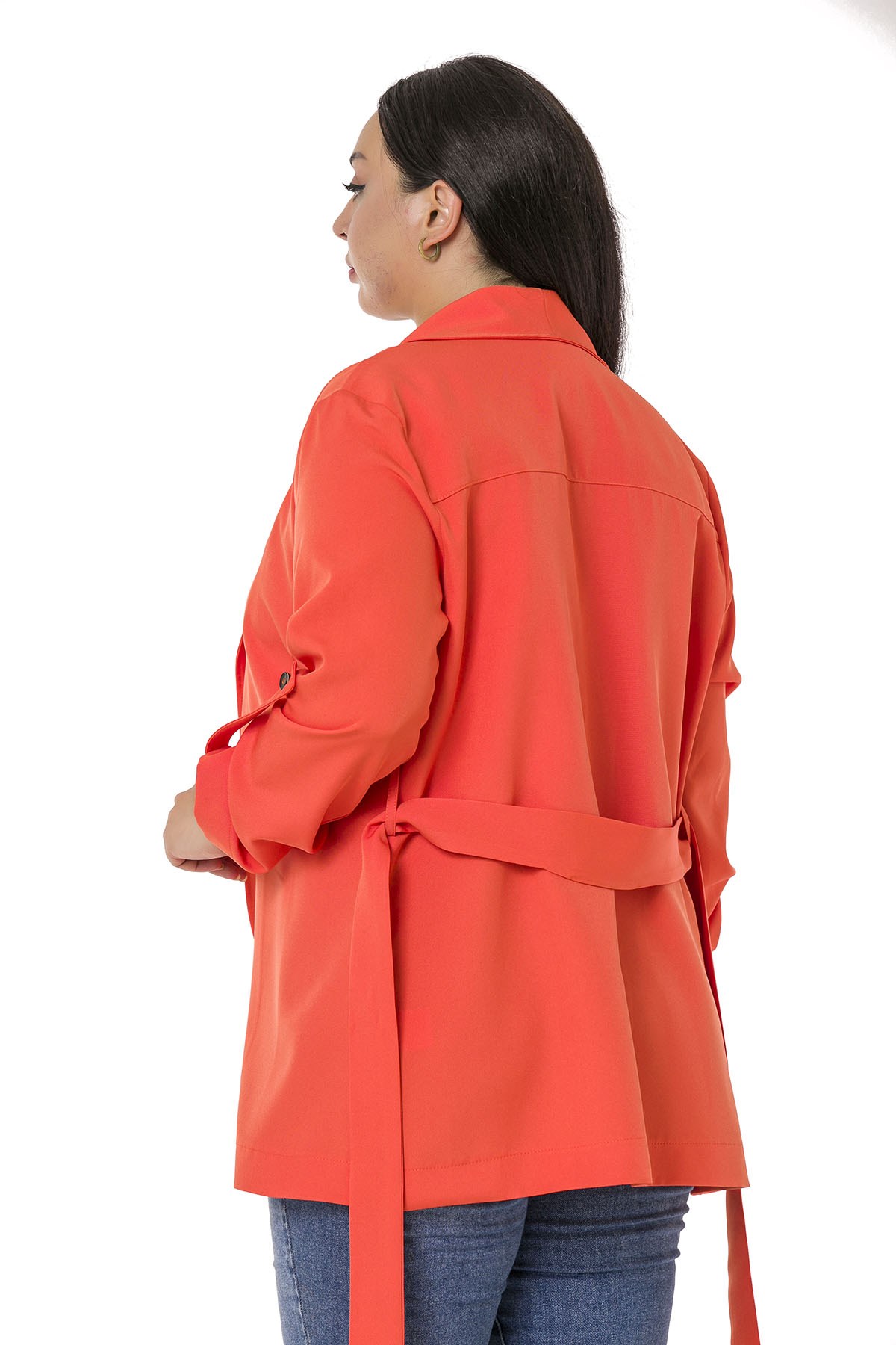 Plus Size Shawl Collar Self Belted Folded Sleeve Orange Jacket