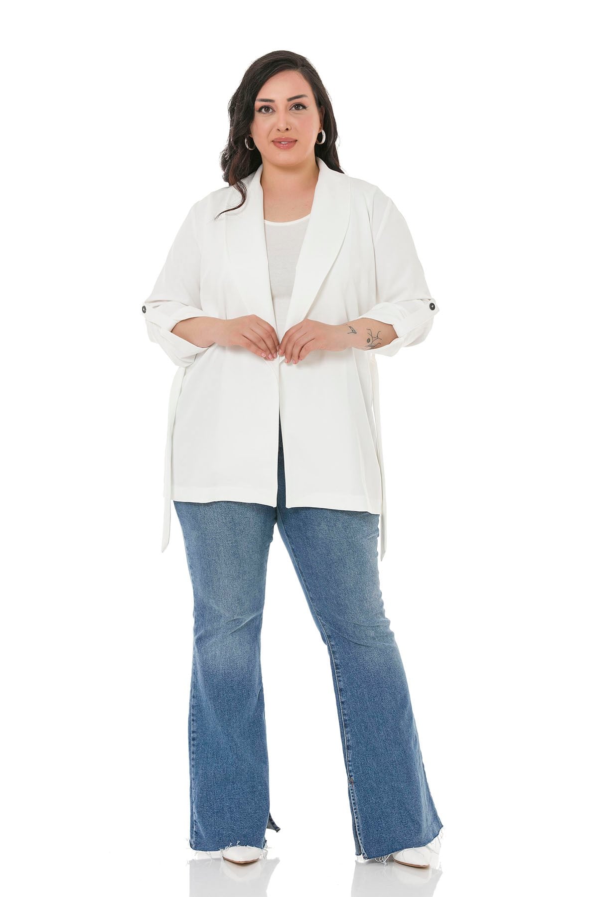 Plus Size Shawl Collar Self Belted Folded Sleeve White Jacket
