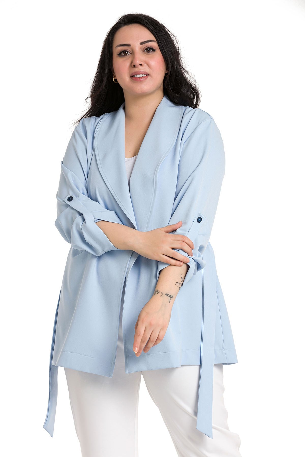 Plus Size Shawl Collar Self Belted Folded Sleeve Baby Blue Jacket