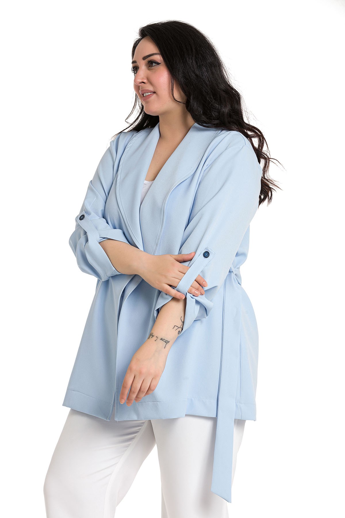 Plus Size Shawl Collar Self Belted Folded Sleeve Baby Blue Jacket