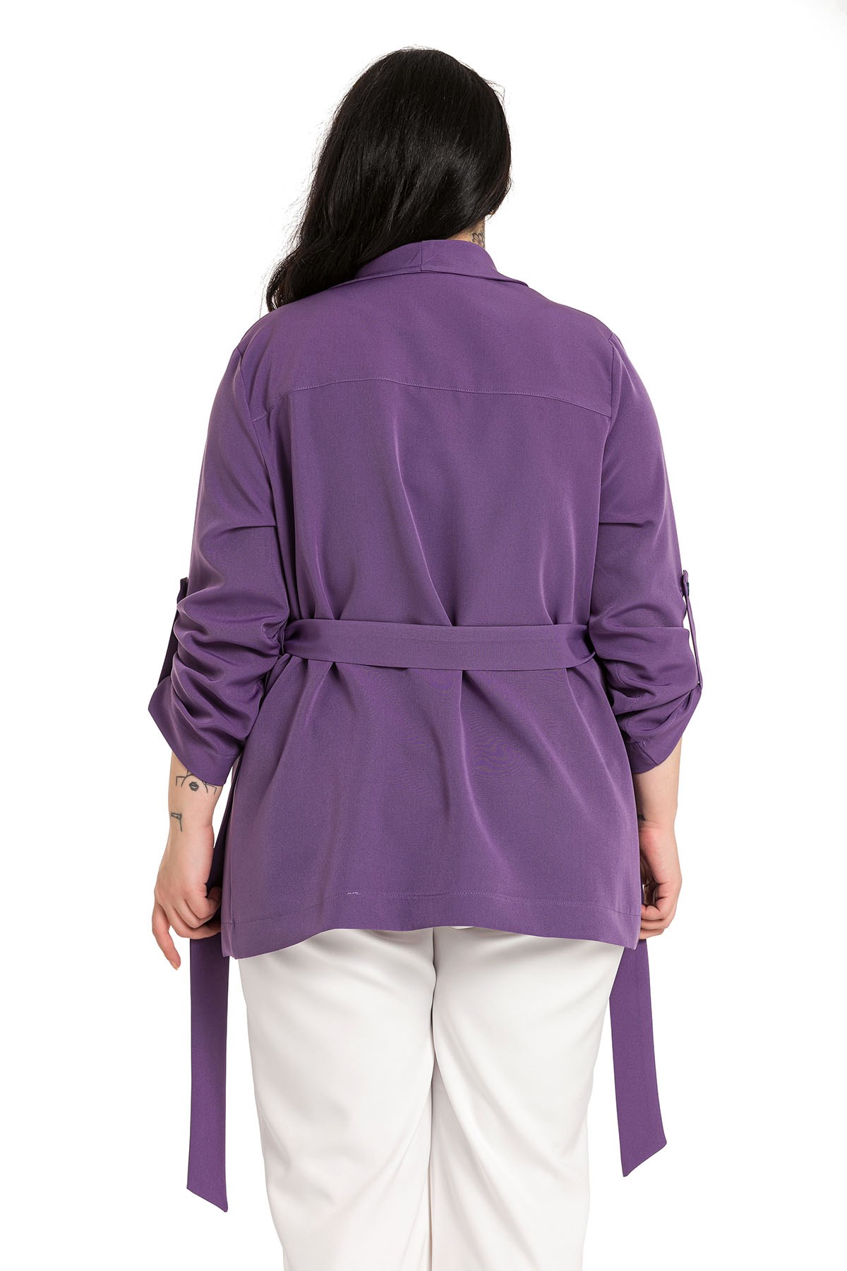 Plus Size Shawl Collar Self Belted Folded Sleeve Purple Jacket